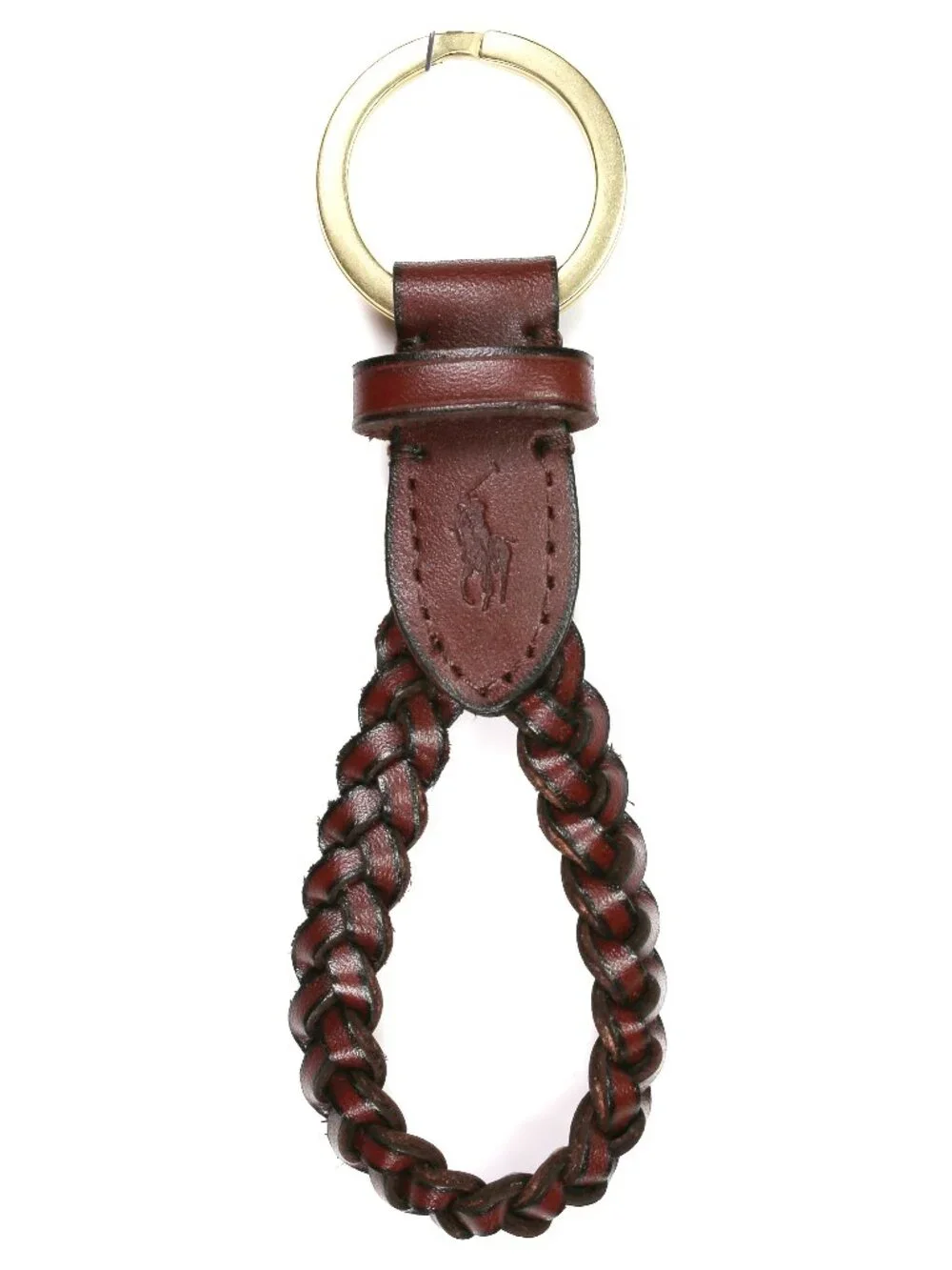 NWT Polo Ralph Lauren Braided Brown Leather Keychain Key Fob Gold Tone